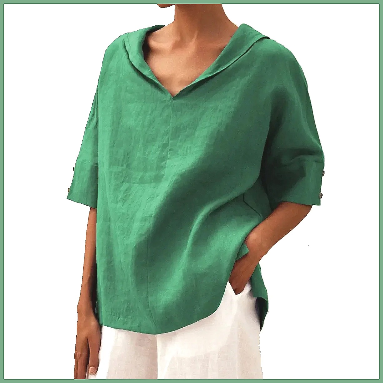 Kemeja Linen Katun Kerah V Lon - Blouses ulasan dan harga