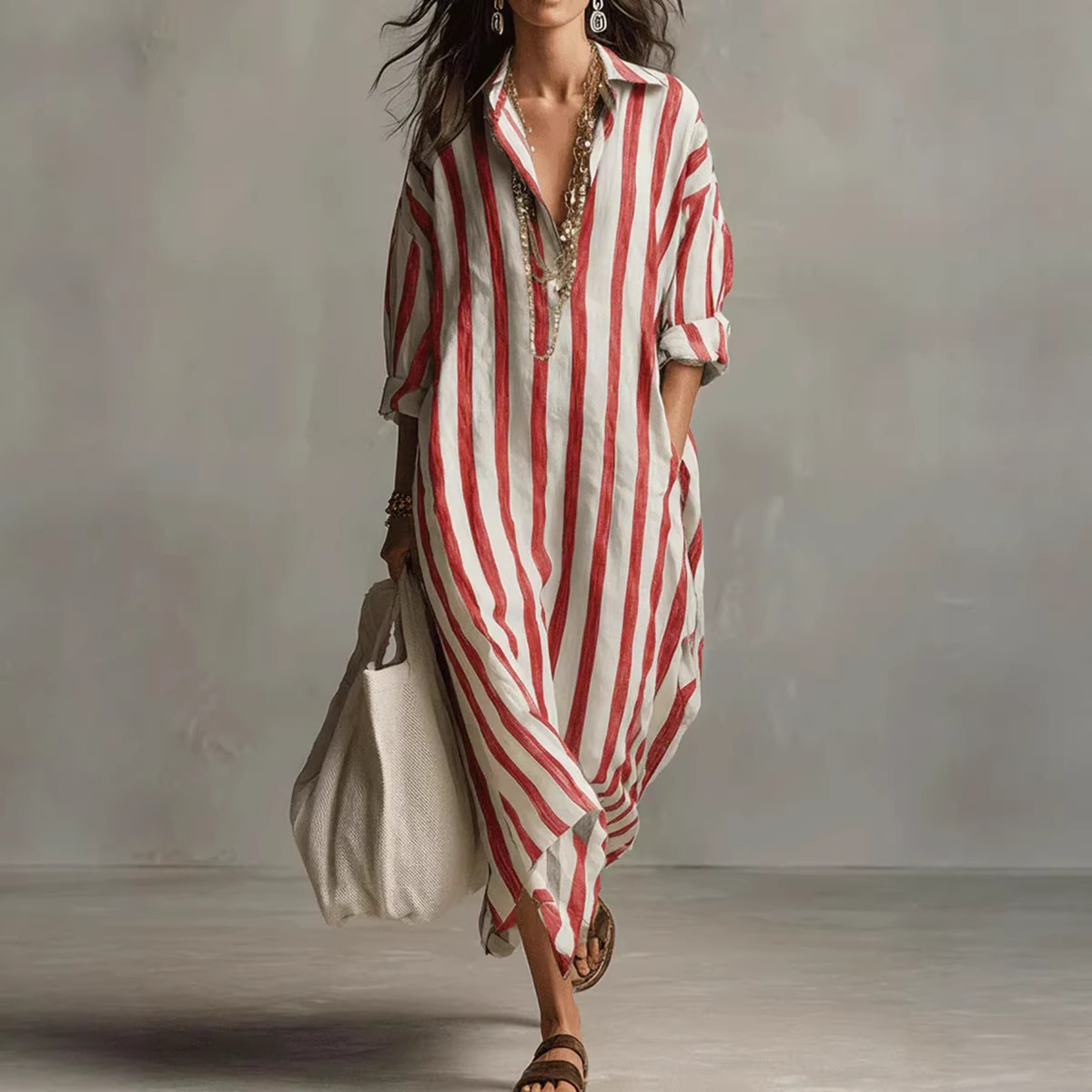 Gaun kemeja linen bergaris ele - Casual Loose Linen Shirt Dress ulasan dan harga