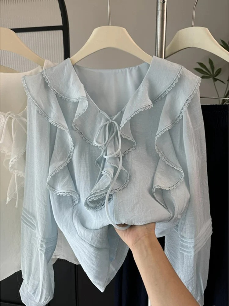 Blus Lengan Panjang Chic Kerah - Blouses ulasan dan harga