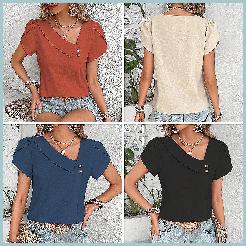 Blus Warna Solid Vintage Musim - Blouses ulasan dan harga